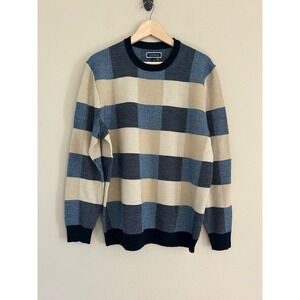 Club Room Cream & Blue Plaid Blend Crewneck Table Sweater Mens L